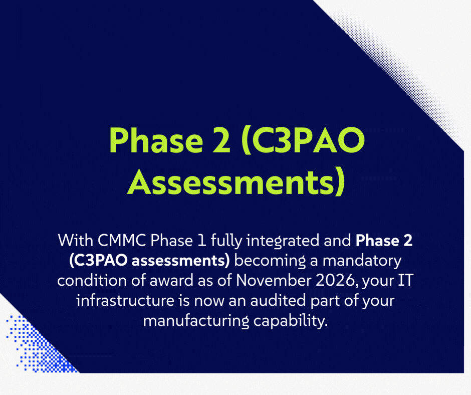 With CMMC Phase 1 fully integrated and Phase 2 (C3PAO assessments) becoming a mandatory condition of award as of November 2026, your IT infrastructure is now an audited part of your manufacturing capability.