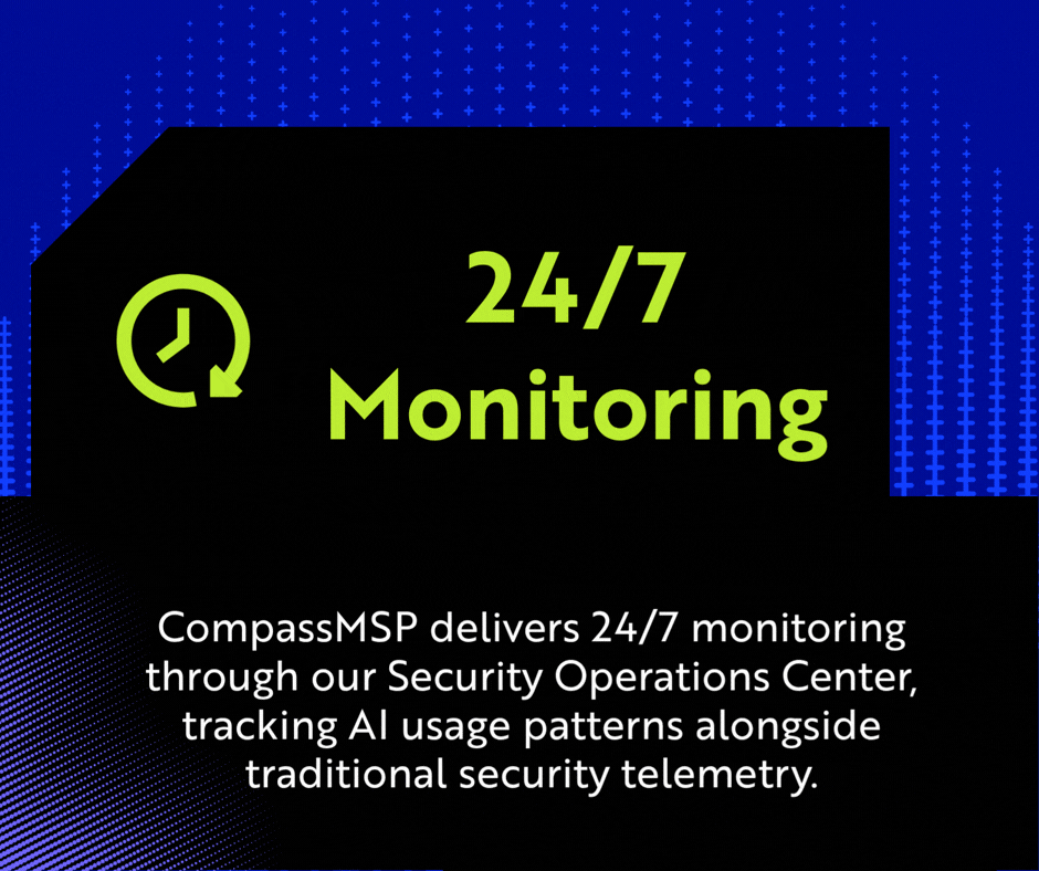 CompassMSP delivers 24/7 monitoring through our Security Operations Center, tracking AI usage patterns alongside traditional security telemetry.