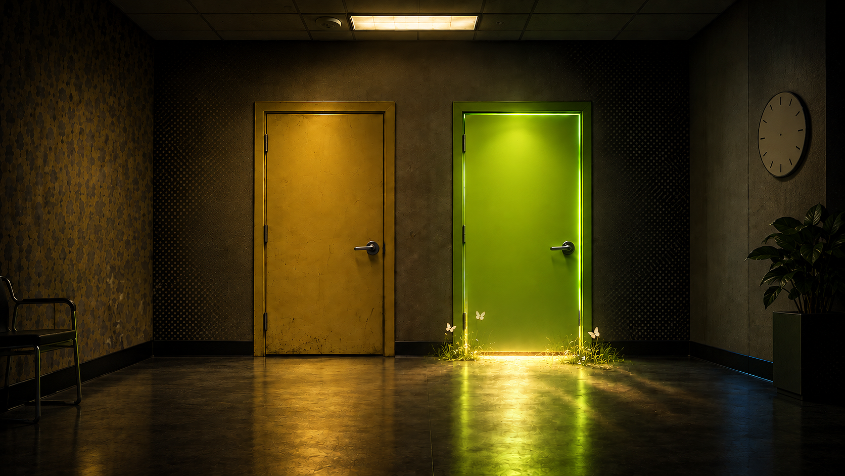 A dim office corridor with a worn yellow door and an acid-green door glowing across the floor.